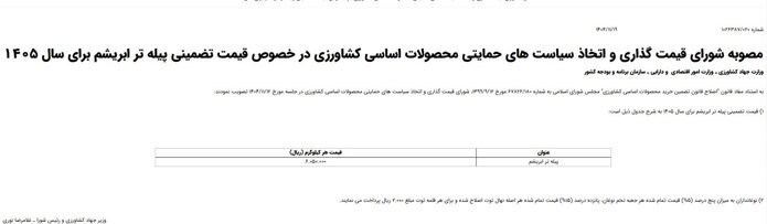 قیمت مصوب پیله تر ابریشم برای سال 1405 اعلام شد کشاورزی ,